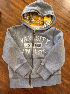 Carter's Gray Zip-Up Hoodie with Yellow Plaid Hood Lining